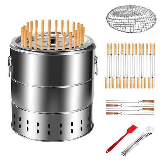 GXONE Stainless Steel Smokeless Barbecue Surround Charcoal Grill, Portable kebabs Charcoal Grill with Grilling Accessories Set, Diameter 15.4 inch/28 Kabob Skewer