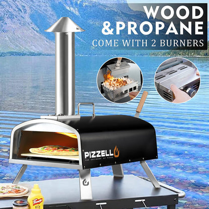 PIZZELLO 16" Outdoor Pizza Oven Propane and Wood Fired Pizza Maker Multi-Fuel Gas Pizza Ovens w/Gas Burner, Pizza Cutter, Pizza Stone, Pizza Peel, Carry Bag, Pizzello Forte Gas (Black)