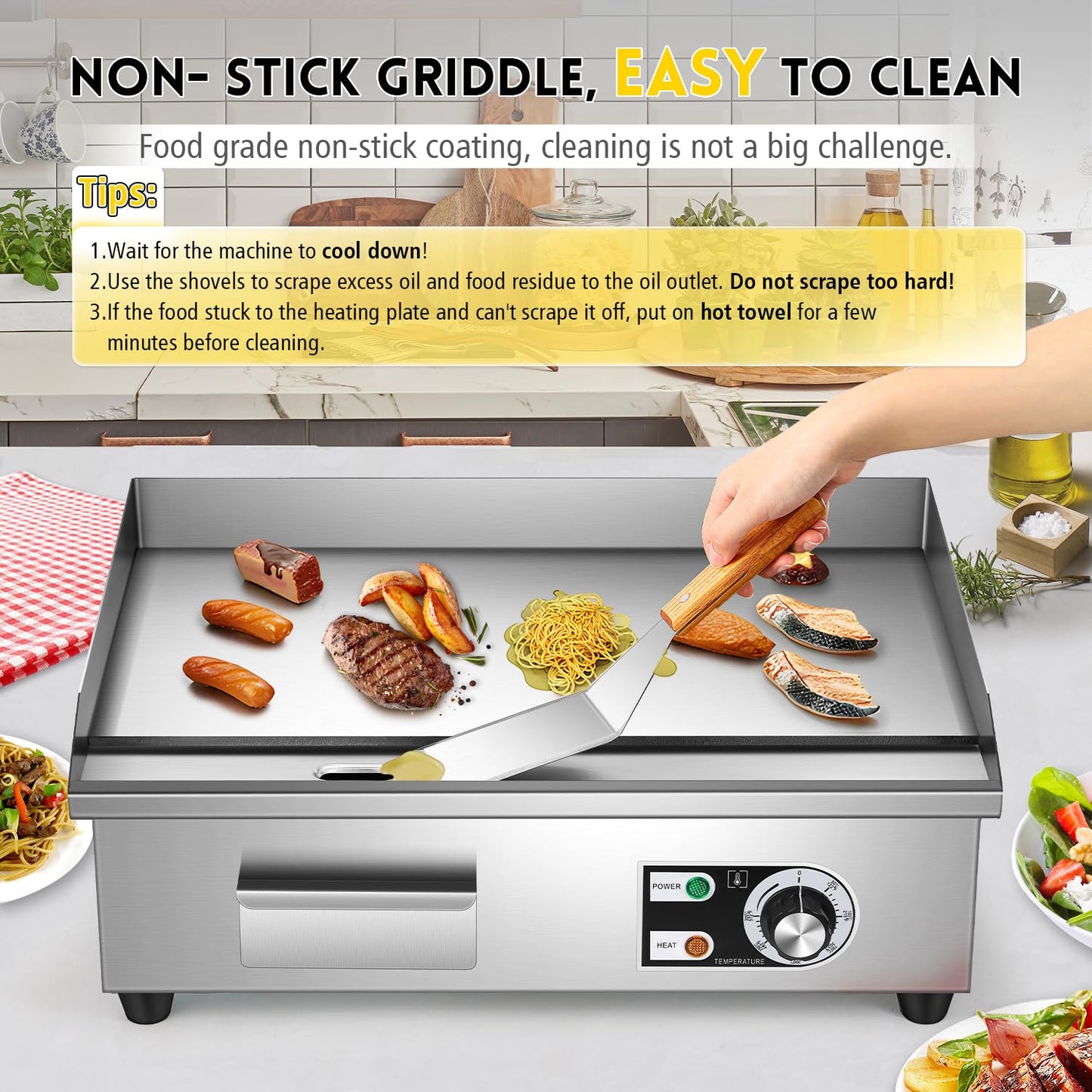 Moogiantgo Commercial Electric Griddle 22’’, 1600W Non-Stick Countertop Flat Top Grill Stainless Steel, Removable Oil Box, Adjustable Temperature 0-300℃, Teppanyaki Grill for Restaurant Kitchen, 110V