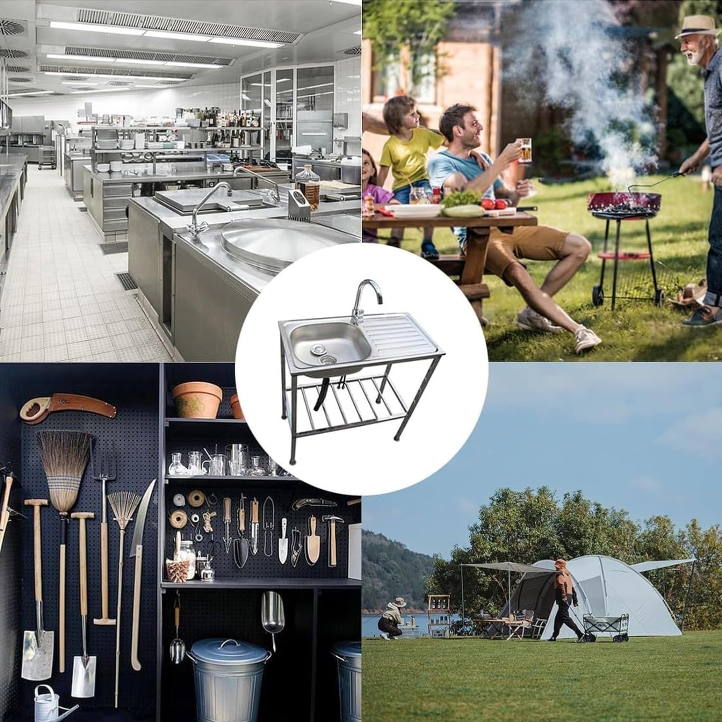 Utility Sinks Free Standing Stainless Steel Outdoor Laundry Tub, Single Bowl Washing Hand Basin Station Sink, with Storage Shelves for Garage, Restaurant, Kitchen, Bar, Garage, Backyard Handwashing (