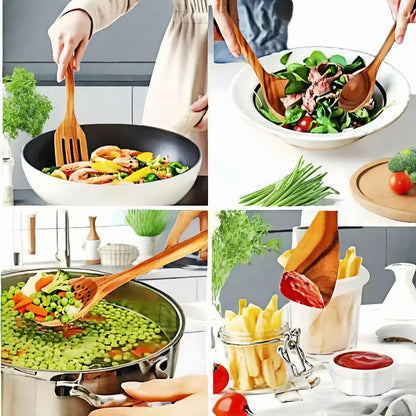 6 Piece Wooden Cooking Spoons for Cooking, Kitchen Utensils Set, Wooden utensil storage wooden barrel, Natural Teak Wood Cooking Spatulas with Utensils Holder, for Nonstick Cookware