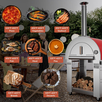 Empava Pizza Oven with Open Shelf and Wheels for Outdoor Kitchen, Wood Fire for Grill & Camping Backyard Party in Stainless Steel, 38.6 Inch, Italian Red