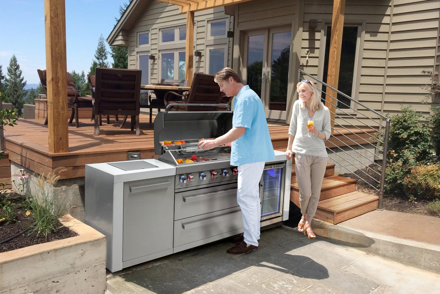 Mont Alpi MAi805-DFC-COMBO 44-inch 6 Burner 115000 BTU Stainless Steel Gas Outdoor Kitchen Island Barbecue Grill with Fridge Cabinet + Side Burner Pizza Oven, Charcoal Tray & Griddle Plate