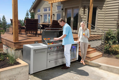 Mont Alpi MAi805-DFC-COMBO 44-inch 6 Burner 115000 BTU Stainless Steel Gas Outdoor Kitchen Island Barbecue Grill with Fridge Cabinet + Side Burner Pizza Oven, Charcoal Tray & Griddle Plate