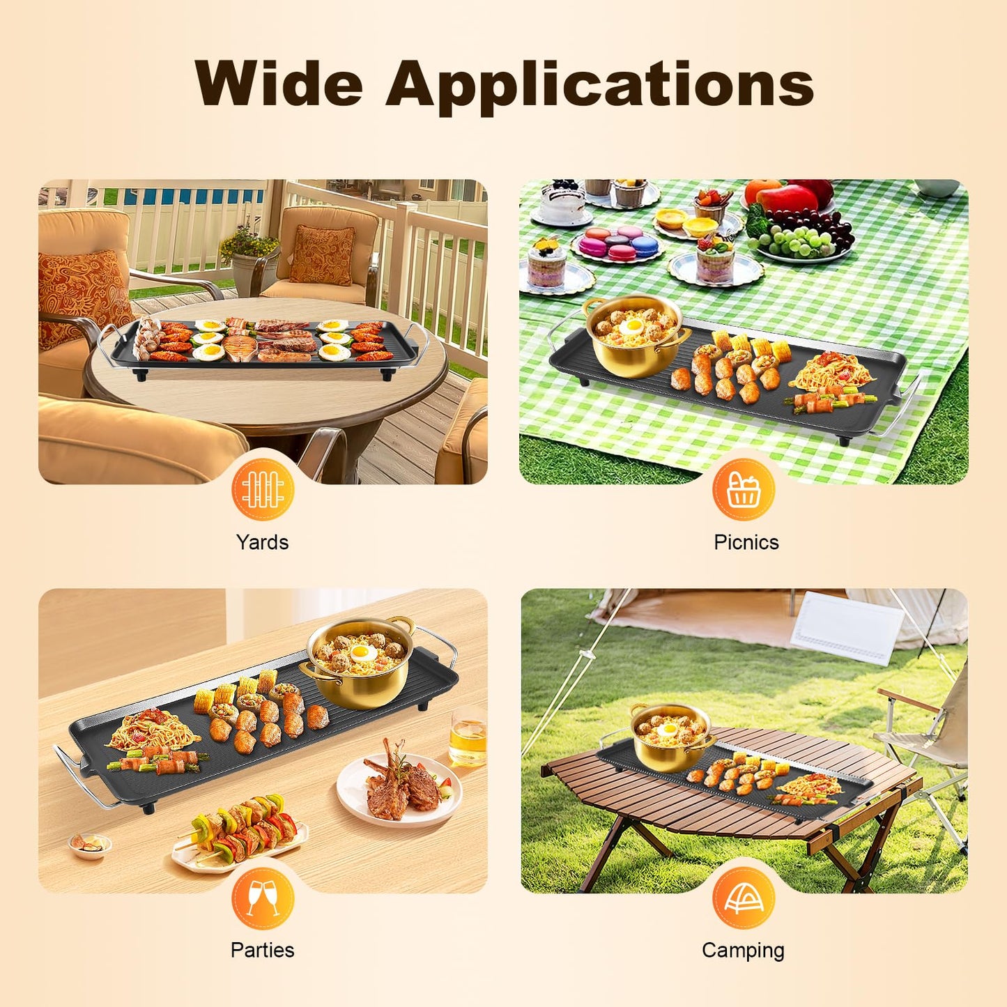 26" Large Electric griddle 1500W Teppanyaki Table Top Grill Griddle with Nonstick Surfaces & Adjustable 5 Temperature Setting for Indoor/Outdoor Use