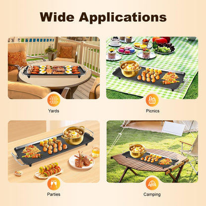 27'' 1500W Electric Griddle Teppanyaki Grill Hob Nonstick Large Griddle Long Countertop with Adjustable Temperature Indoor Outdoor Table Top Grill for Outdoor Yard Travel Picnic Camping Party