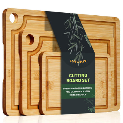 Bamboo Cutting Board, Unokit Wood Cutting Boards for Kitchen (Set of 3), Cutting Board with Juice Grooves & Built-in Handles, Ideal Charcuterie & Chopping for Meat, Vegetables