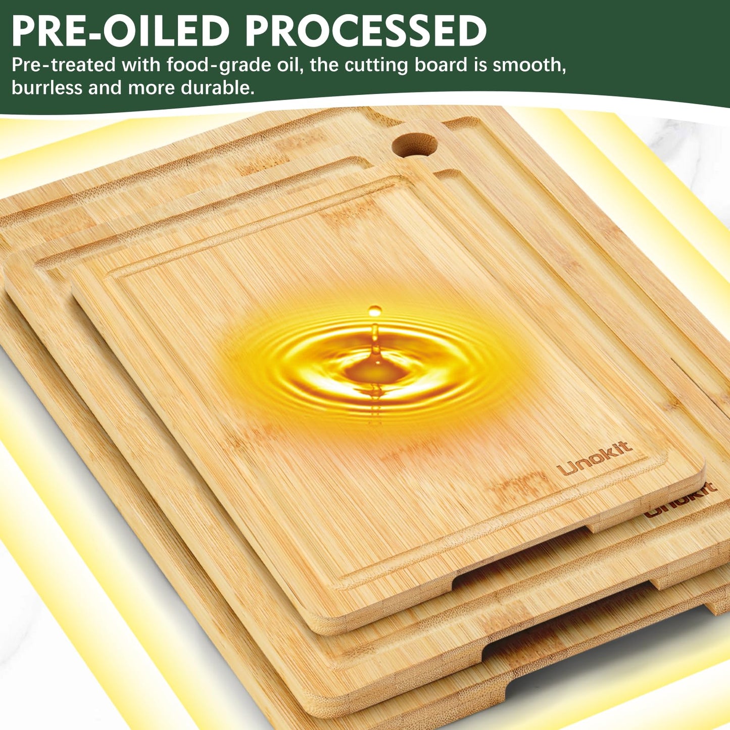 Bamboo Cutting Board, Unokit Wood Cutting Boards for Kitchen (Set of 3), Cutting Board with Juice Grooves & Built-in Handles, Ideal Charcuterie & Chopping for Meat, Vegetables