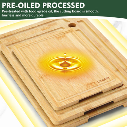 Bamboo Cutting Board, Unokit Wood Cutting Boards for Kitchen (Set of 3), Cutting Board with Juice Grooves & Built-in Handles, Ideal Charcuterie & Chopping for Meat, Vegetables