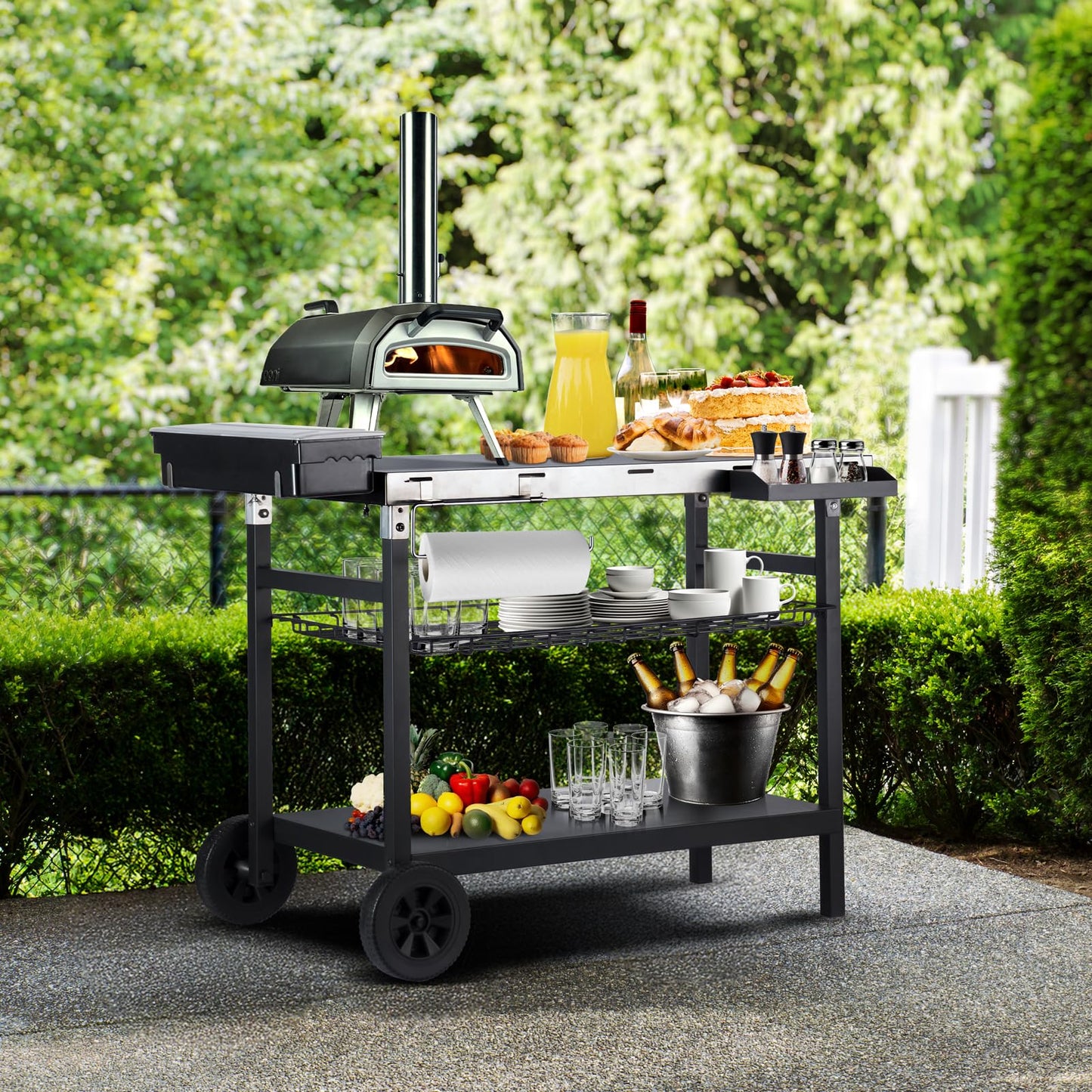 Pittazero Outdoor Grill Cart, 500lb Dining Cart Table with Three-Shelf, Stainless Steel Rolling Movable Food Prep and Work Table