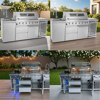 Outdoor Kitchen Island 85" 6-Burner 85000 BTU Deluxe Modular BBQ Island - Grill Islands w/Wine Cooler, Built in Combo Outside Island + Rotisserie & Granite Top Outdoor Grill