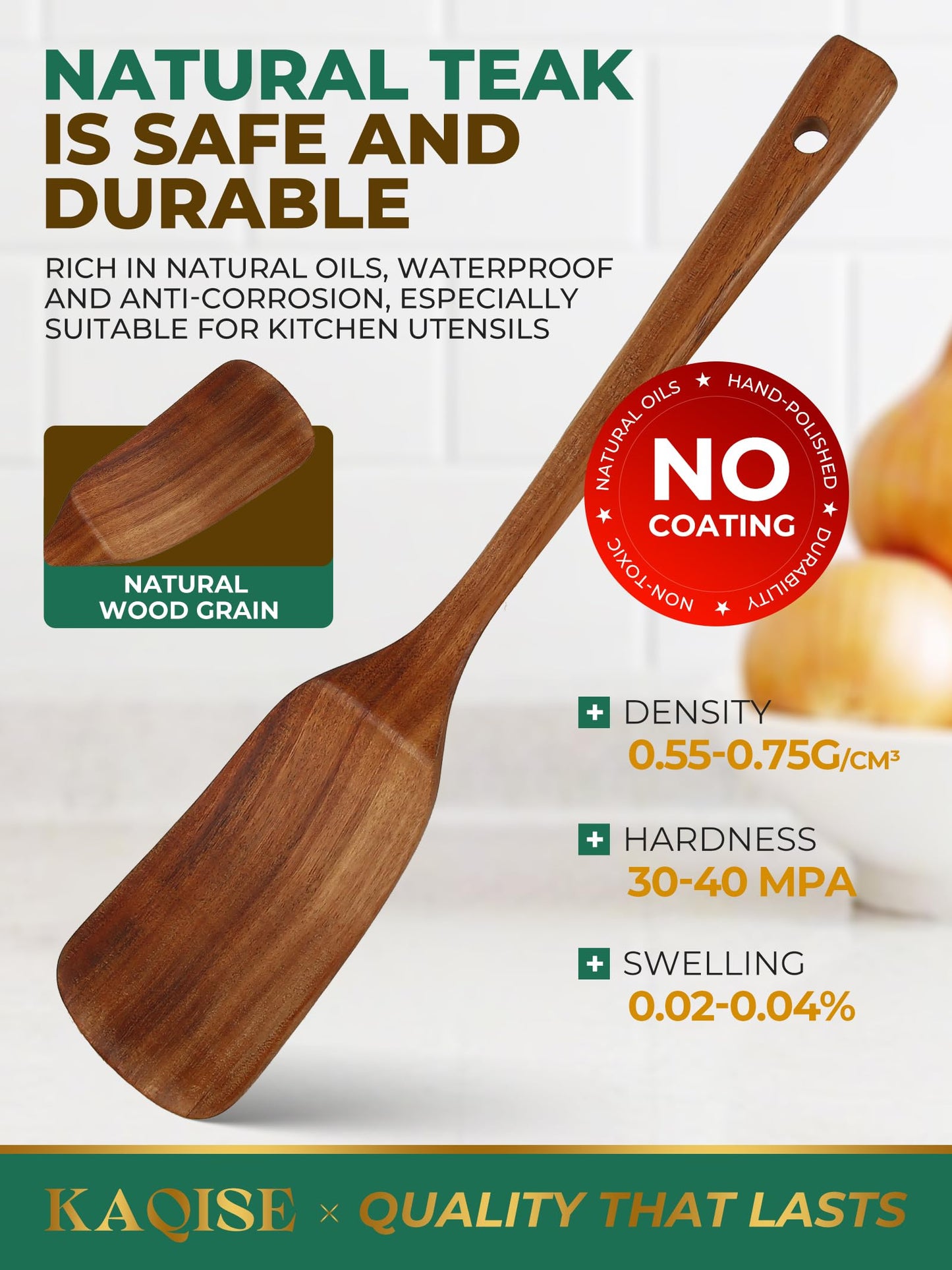 KAQISE Nonstick Wooden Spatula for Cooking, Finely Polished Teak Wooden Utensils, Kitchen Essential Spatula Set Contains Flat Turner and Slotted Spatula (2Pcs)