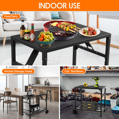 KHAMAL Grill Cart Outdoor with Wheels - Foldable Pizza Oven Stand Table, Portable Dining Cart Table for Outdoor, BBQ, Indoor, Kitchen(Black with Silver Handle)