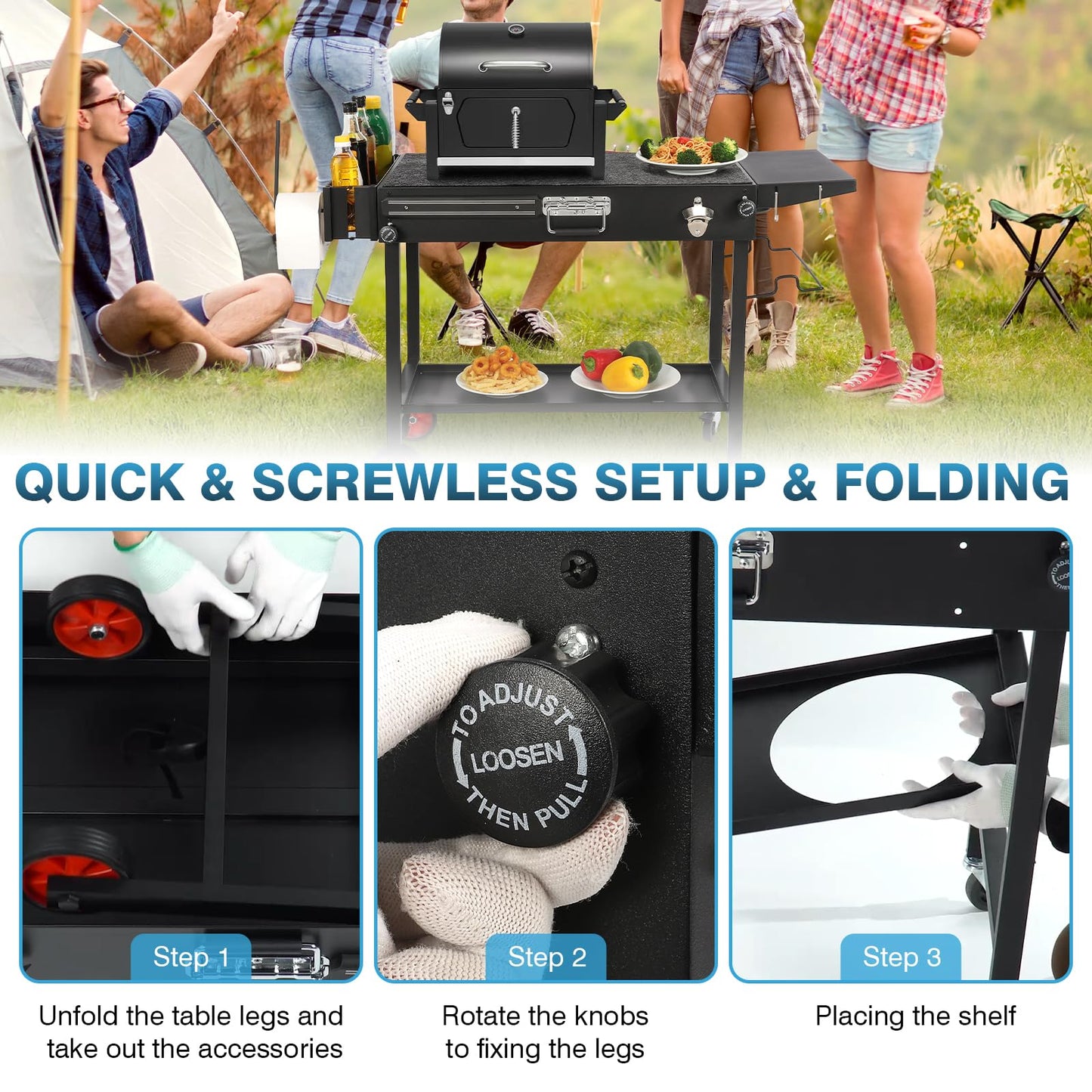 IRONWALLS Outdoor Grill Table Cart, 31"L x 17" W Folding Grilling Cart with Wheels, Portable Griddle Stand Pizza Oven Table, Food Prep Table, Wood-fire Grill Stand for Barbecue, Camping