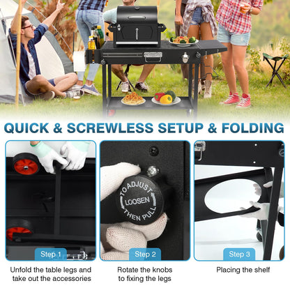 IRONWALLS Outdoor Grill Table Cart, 31"L x 17" W Folding Grilling Cart with Wheels, Portable Griddle Stand Pizza Oven Table, Food Prep Table, Wood-fire Grill Stand for Barbecue, Camping