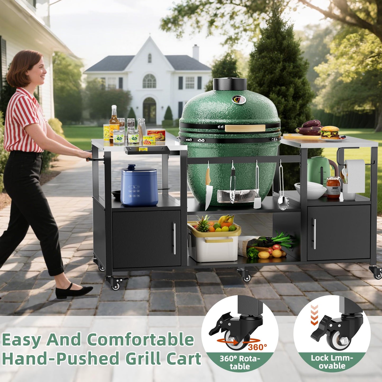 KEIKI Outdoor Grill Table for Big Green Egg Style BBQ, Metal Grill Cart with Storage Box, Compatible with up to Large Green Egg, Kamado Joe Jr