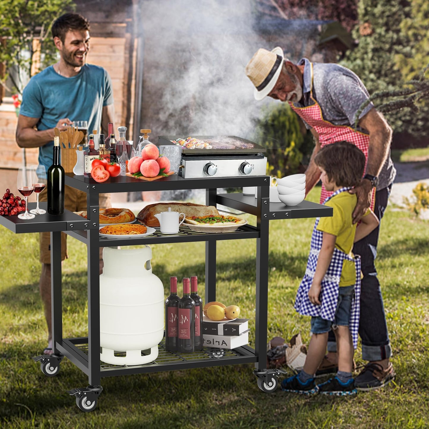 Yozoia Outdoor Grill Table, Movable Grill Cart for Blackstone Griddle, Pizza Oven Stand for Onni, Kitchen Cooking Prep Table BBQ Cart for Party, Bar, Camping