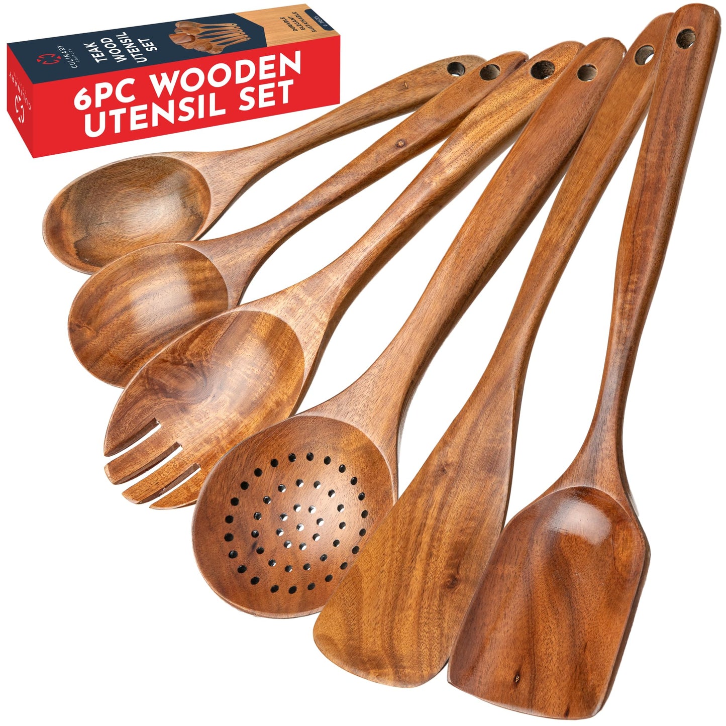 Teak Wooden Utensil Set 6-Piece - Smooth Finish Wooden Spoons for Cooking - Comfortable Grip, Non Scratch Premium Kitchen Wooden Cooking Utensils Set Teak Wood Cooking Utensils