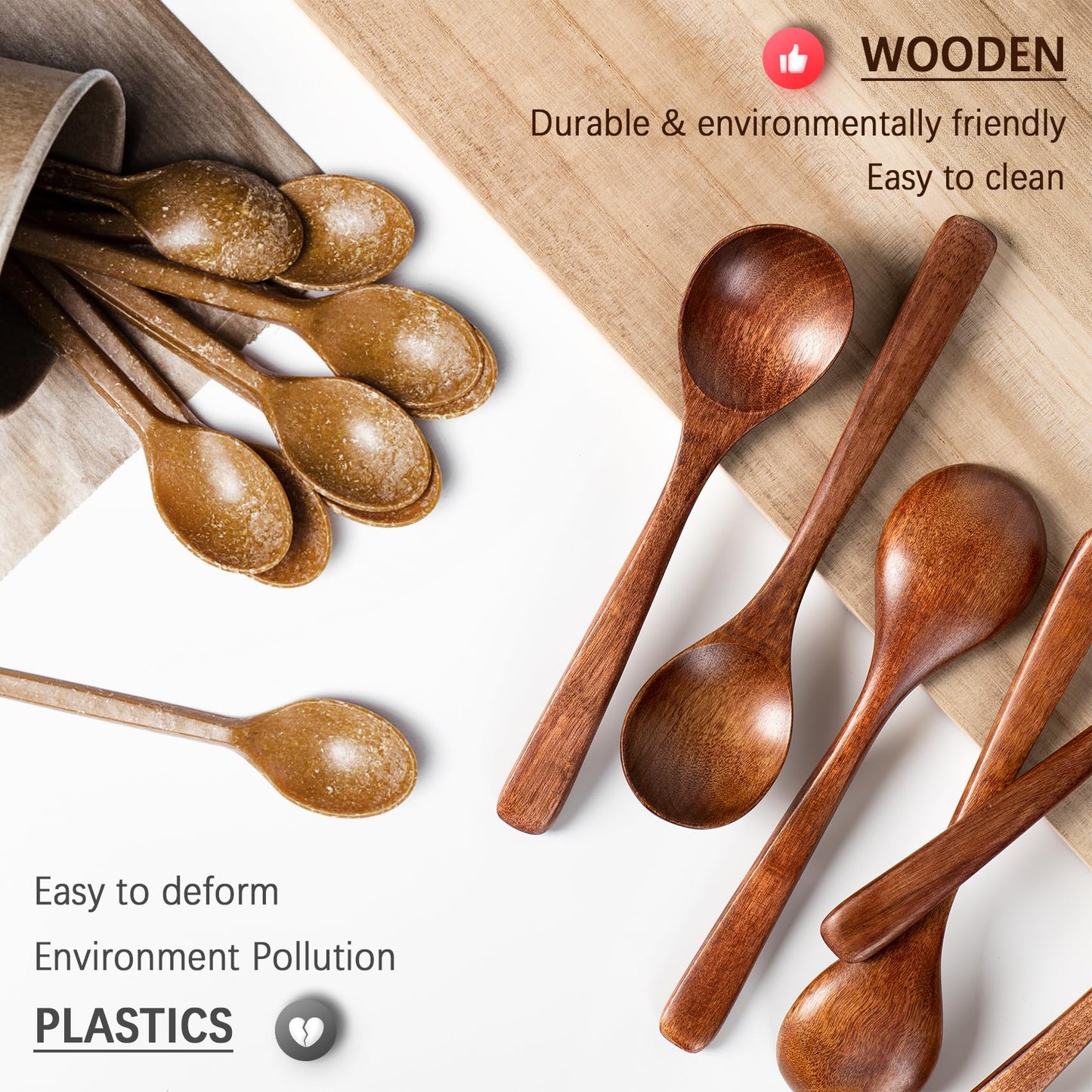 Hefild 7 PCS Wooden Spoons for Eating, 7 inch Wooden Honey Spoons for Tea, Wood Teaspoons for Stirring Coffee, Hard Wood Table Spoon for Cooking, Small Serving Spoon for Soup, Desserts & Cereal