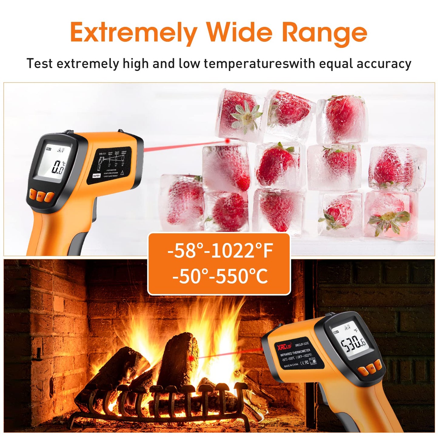 XRCLIF Infrared Thermometer Gun -58°F to 1022°F, Non-Contact Laser Thermometer with LCD Display, Temperature Measurement Gun for Cooking, BBQ, Oven, Adjustable Emissivity