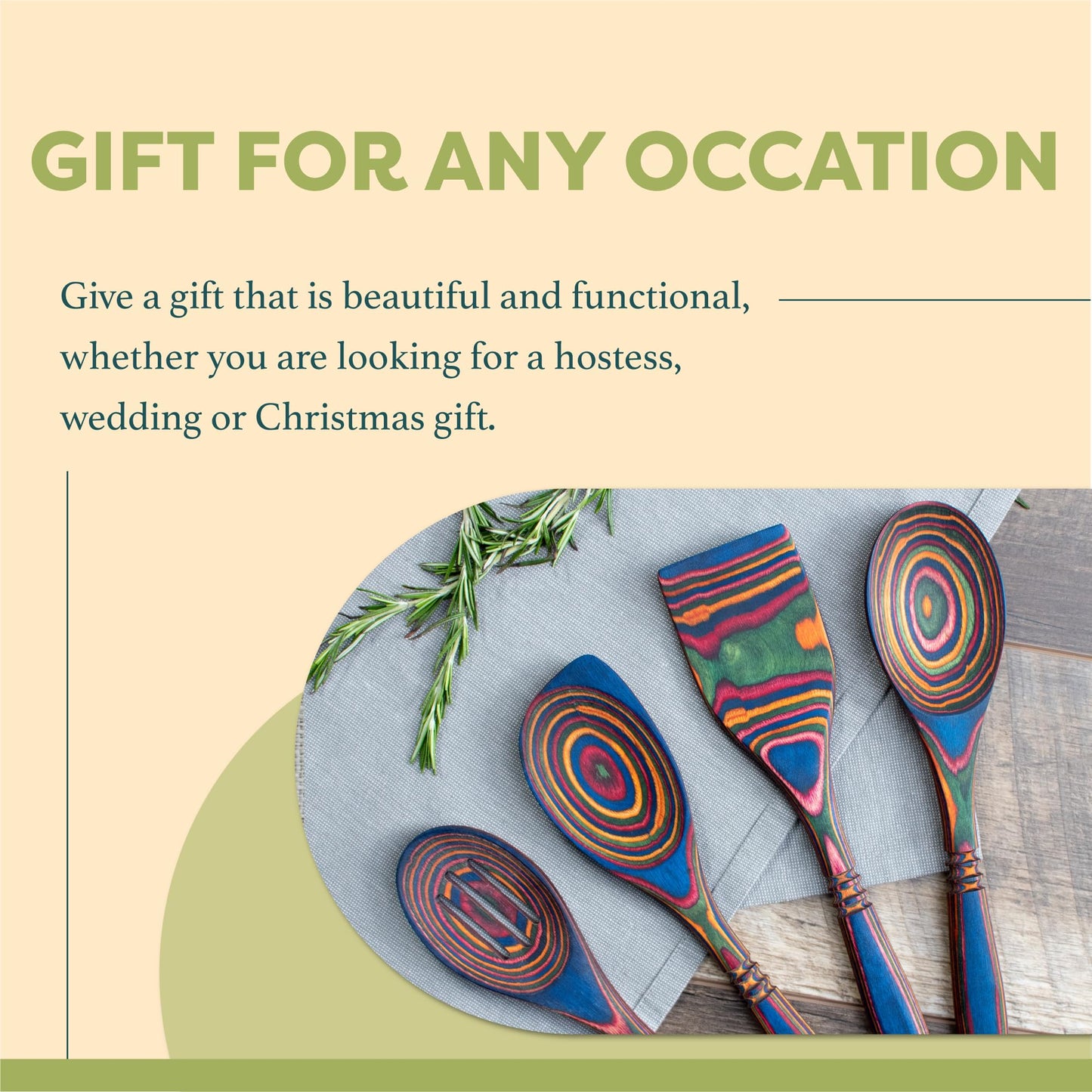 Exotic Pakkawood 6-Piece Kitchen Utensil Set with 12-in Spoon, 12-in Slotted Spoon, 12-in Spatula, 12-in Corner Spoon, 13-in Large Spurtle, 9-in Small Spurtle - by Crate Collective (Rainbow)