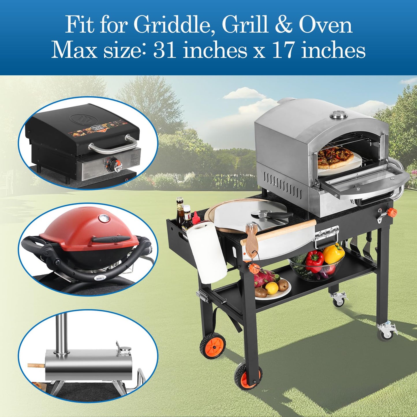 Grill Table Stand Cart for Blackstone Griddle - Universal Foldable Design Fits 17-22 Inch Grills and 12" Pizza Ovens, 20s Setup, 4 Wheels, Magnetic Strip etc (Camping, Backyard Cooking Accessories)