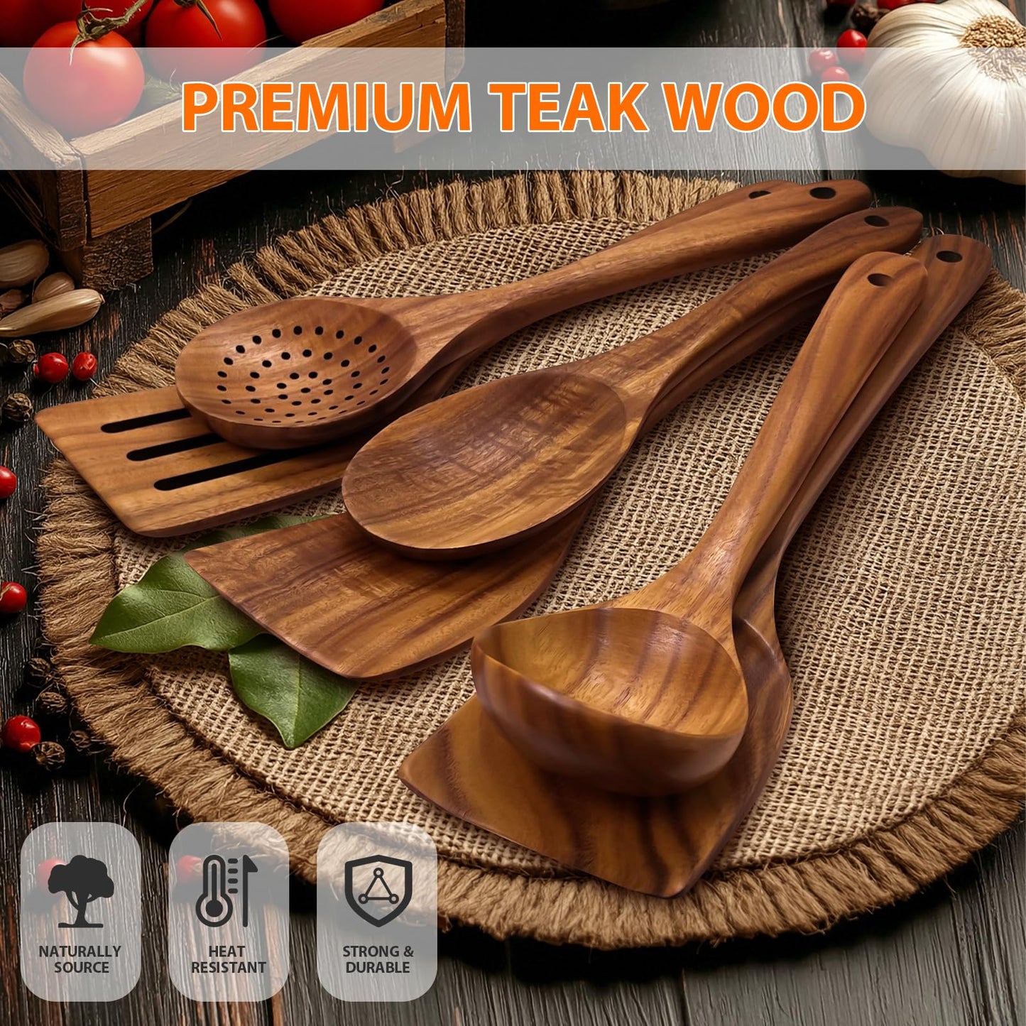 6 Piece Teak Wooden Utensil Set, Comfort-Grip Wooden Spoons for Cooking, Smooth Finish Wood Kitchen Utensils Set, Non-Stick Wood Spatula for Cooking