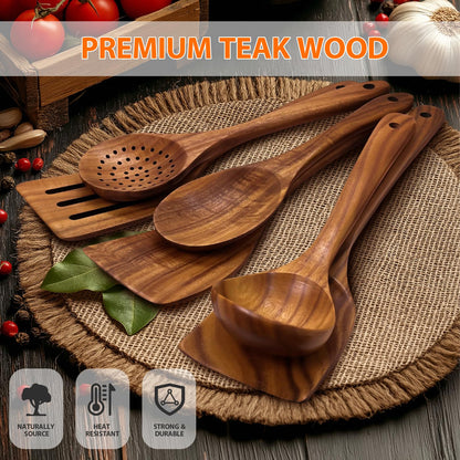 6 Piece Teak Wooden Utensil Set, Comfort-Grip Wooden Spoons for Cooking, Smooth Finish Wood Kitchen Utensils Set, Non-Stick Wood Spatula for Cooking