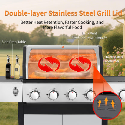 49000 BTU Output Propane Gas Grill with Side Burner and 4 Main Burners - Double-layer Stainless Steel Lid, Cast Iron Grids and Plate, Easy-Clean Grease Management for Perfect BBQs