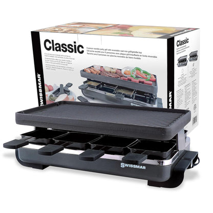 Swissmar Classic 8-Person Raclette Party Grill - Indoor Electric Grill & Griller with Reversible Cast Iron Grill Plate/Crepe Top - Anthracite Black