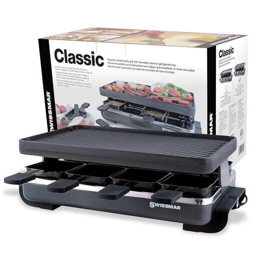 Swissmar Classic 8-Person Raclette Party Grill - Indoor Electric Grill & Griller with Reversible Cast Iron Grill Plate/Crepe Top - Anthracite Black