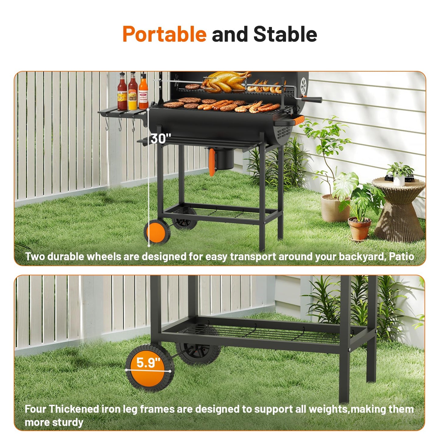 KEYO GRILL 29-Inch Barrel Charcoal Grill with Manual Rotisserie Meat Fork,Heavy duty BBQ grill with Detachable Windproof Ash Collector, Barbecue Smoker Grill Combo for Backyard, Patio and Parties