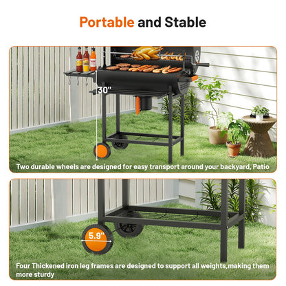 KEYO GRILL 29-Inch Barrel Charcoal Grill with Manual Rotisserie Meat Fork,Heavy duty BBQ grill with Detachable Windproof Ash Collector, Barbecue Smoker Grill Combo for Backyard, Patio and Parties