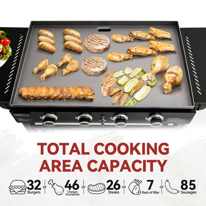 Royal Gourmet GB4001C-N 4 Burner Propane Gas Griddle with Cover, 35 Inch Outdoor Flat Top Grill Griddle with Foldable Side Tables & 52,000 BTUs Output for Barbecue Grilling, Black