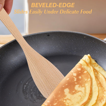 Wanmu 2 Pcs Wooden Spatulas for Cooking, 13 Inches Flat Beech Turner, Wooden Cooking Utensils, Long Handle Scraper, Non Scratch Wok Spatula for Kitchen Non Stick Cookware