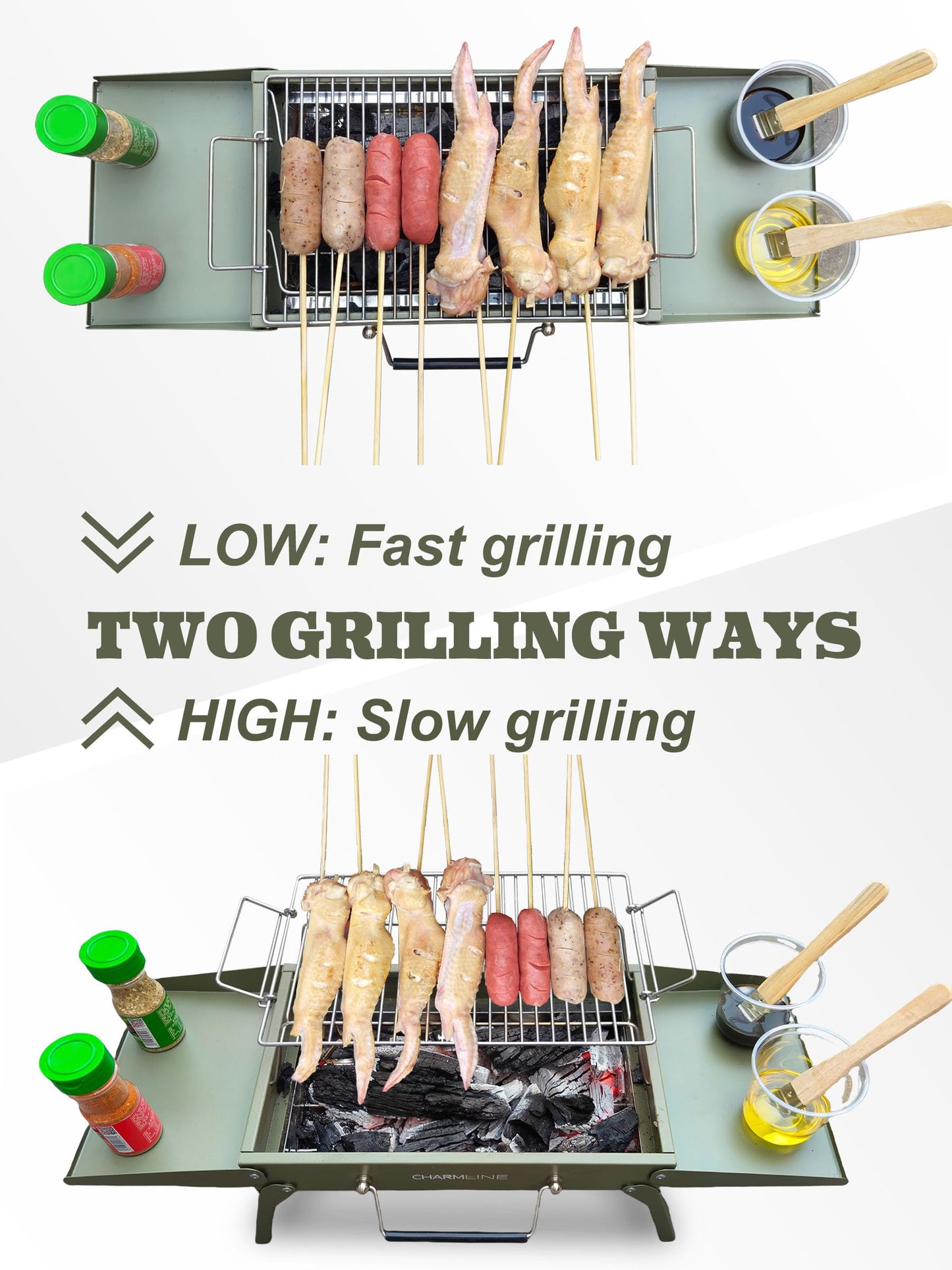 Charmline 14x9inch Small Desktop Charcoal Grill, Liftable Grilling Net, Saving Space Grill for Indoor and Outdoor, BBQ Grill for Camping, Gardens, Picnics, Beach Parties, Green