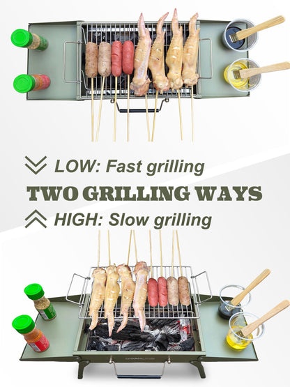 Charmline 14x9inch Small Desktop Charcoal Grill, Liftable Grilling Net, Saving Space Grill for Indoor and Outdoor, BBQ Grill for Camping, Gardens, Picnics, Beach Parties, Green