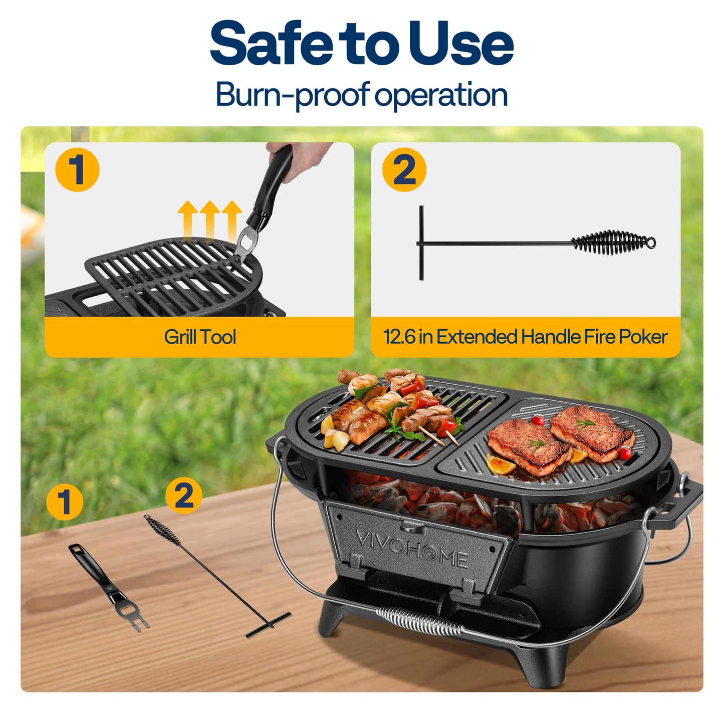 VIVOHOME Oval Cast Iron Grill with Interchangeable Grates & Griddle, 2 Furnace Doors for Heat Control, Includes Gloves, Poker and UV-Resistant Cover