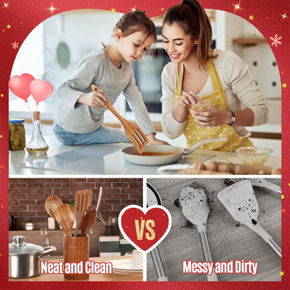 9 Piece Wooden Spoons for Cooking, Teak Wooden Kitchen Utensils Set with Spoon Rest, NonStick Comfort Grip Wooden Spatula Set and Cooking Utensils Holder