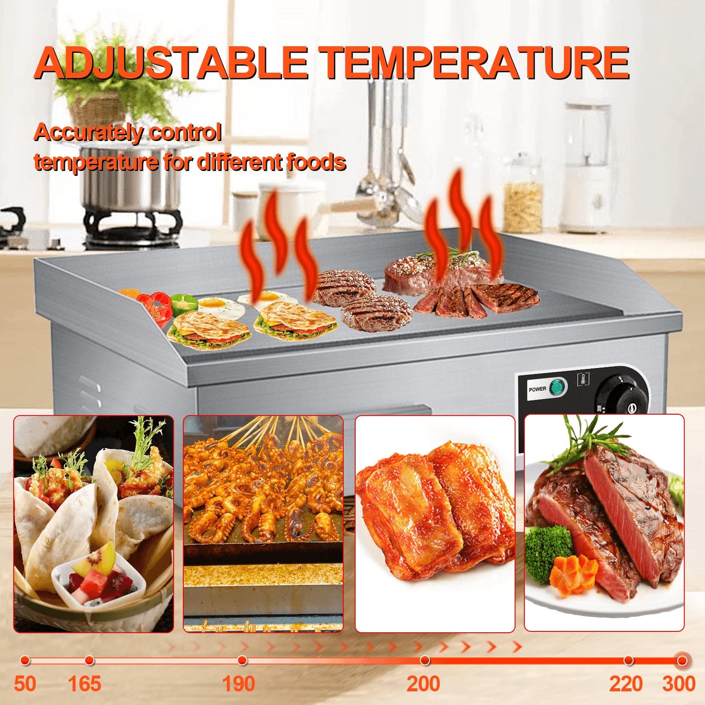 PROMOTOR 22" Electric Countertop Flat Top Griddle 1600W 110V Non-Stick Commercial Restaurant Teppanyaki Grill Stainless Steel Adjustable Temperature Control 50~300℃