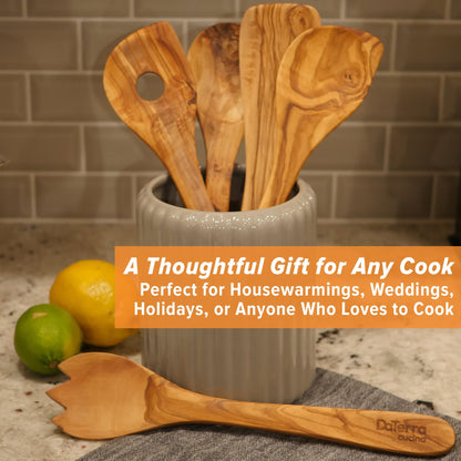 12-Inch Olive Wood Cooking Tools – 5-Piece Wooden Kitchen Utensils Set with Spoons, Spatulas & Cooking Tools – Wood Kitchen Utensils Set for Cooking – Crafted Wood Essentials by DaTerra Cucina
