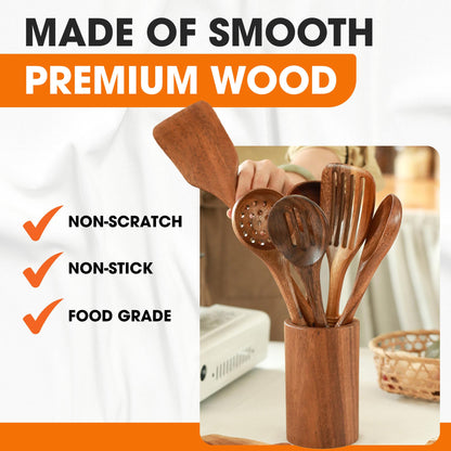 Cheer Collection Wooden Utensil Set - 9 Piece Cooking Utensils with Holder, Premium Taek Wood Spoons & Spatulas for Cooking, Heat Resistant, Non-Stick, and Safe Wooden Cooking Utensils