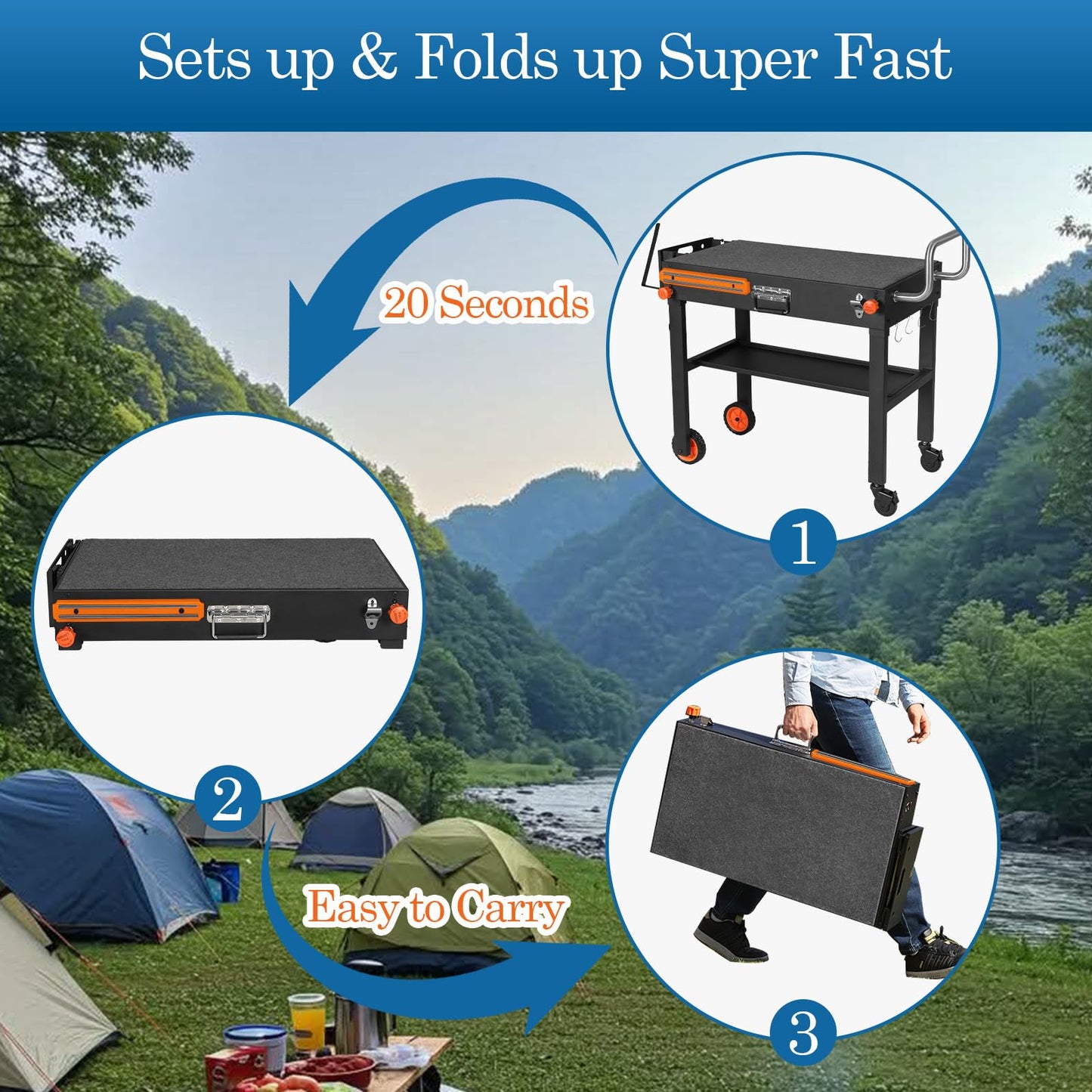 Grill Table Stand Cart for Blackstone Griddle - Universal Foldable Design Fits 17-22 Inch Grills and 12" Pizza Ovens, 20s Setup, 4 Wheels, Magnetic Strip etc (Camping, Backyard Cooking Accessories)