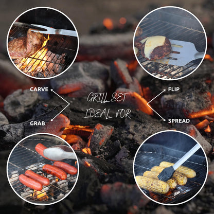 Kepon Grill Utensils Set – Grill Utensils Set for Outdoor Grill, Ideal Grilling Kit – BBQ Tool Kit with Long Stainless Steel Spatula, Fork, Tongs, and Brush