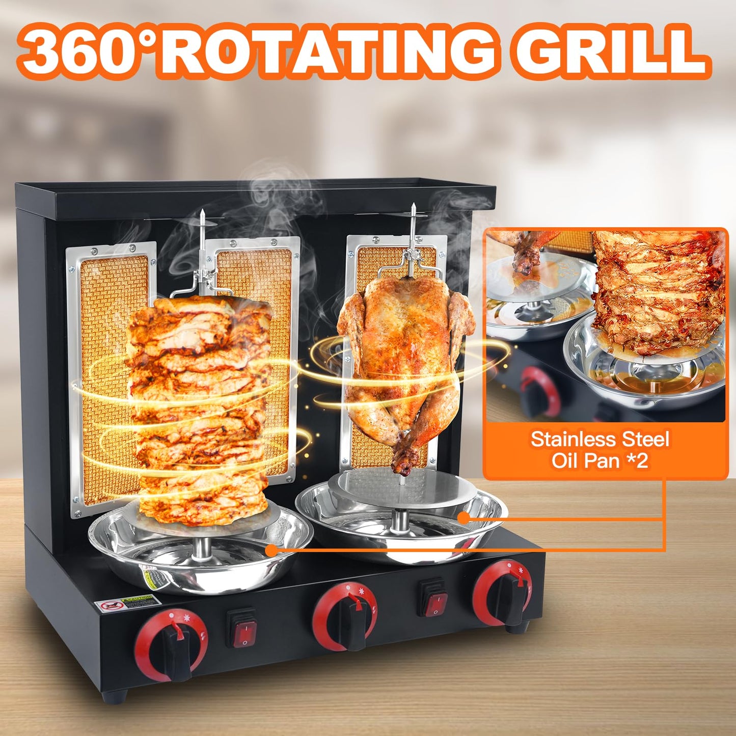 YYUIXUNLI Shawarma Machine Propane Vertical Chicken Rotisserie Broiler with 3 Burners Rotating Kebab Grill Gyro Machine