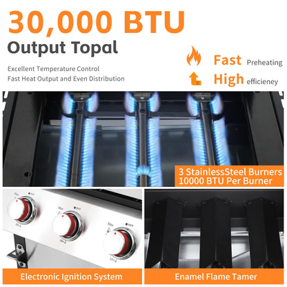 3-Burner Propane Gas Grill with 30,000 BTU Output - Double-layer Stainless Steel Grill Lid, Cast Iron Cooking Grids, Easy-Clean Grease Management & Even Heat Distribution for Perfect BBQs