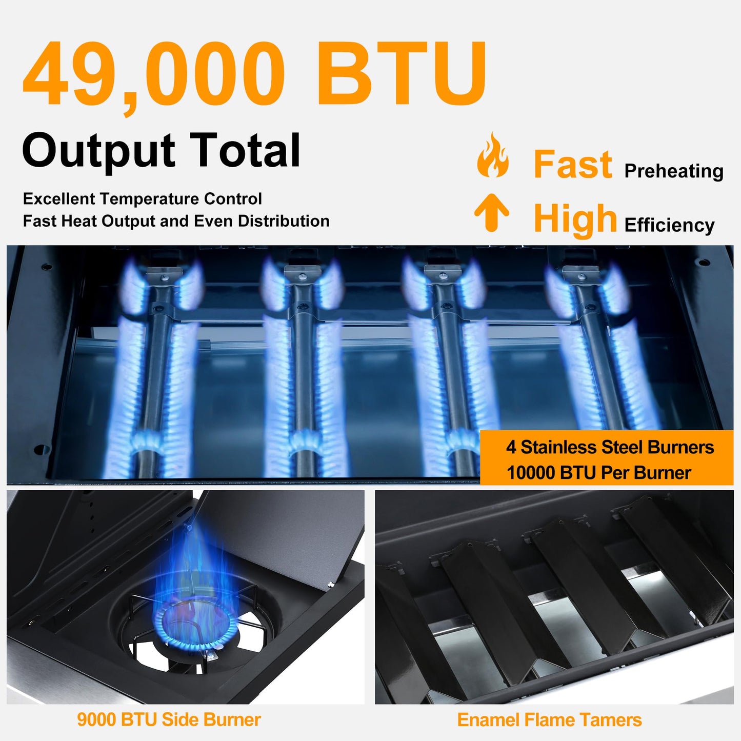49000 BTU Output Propane Gas Grill with Side Burner and 4 Main Burners - Double-layer Stainless Steel Lid, Cast Iron Grids and Plate, Easy-Clean Grease Management for Perfect BBQs