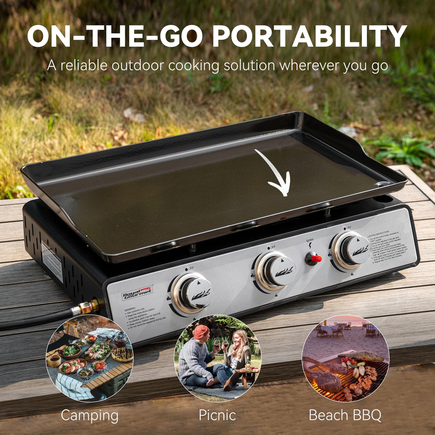 Royal Gourmet PD1301S Portable 24-Inch 3-Burner Table Top Gas Grill Griddle with Cover, 25,500 BTUs, Outdoor Cooking Camping or Tailgating, Black