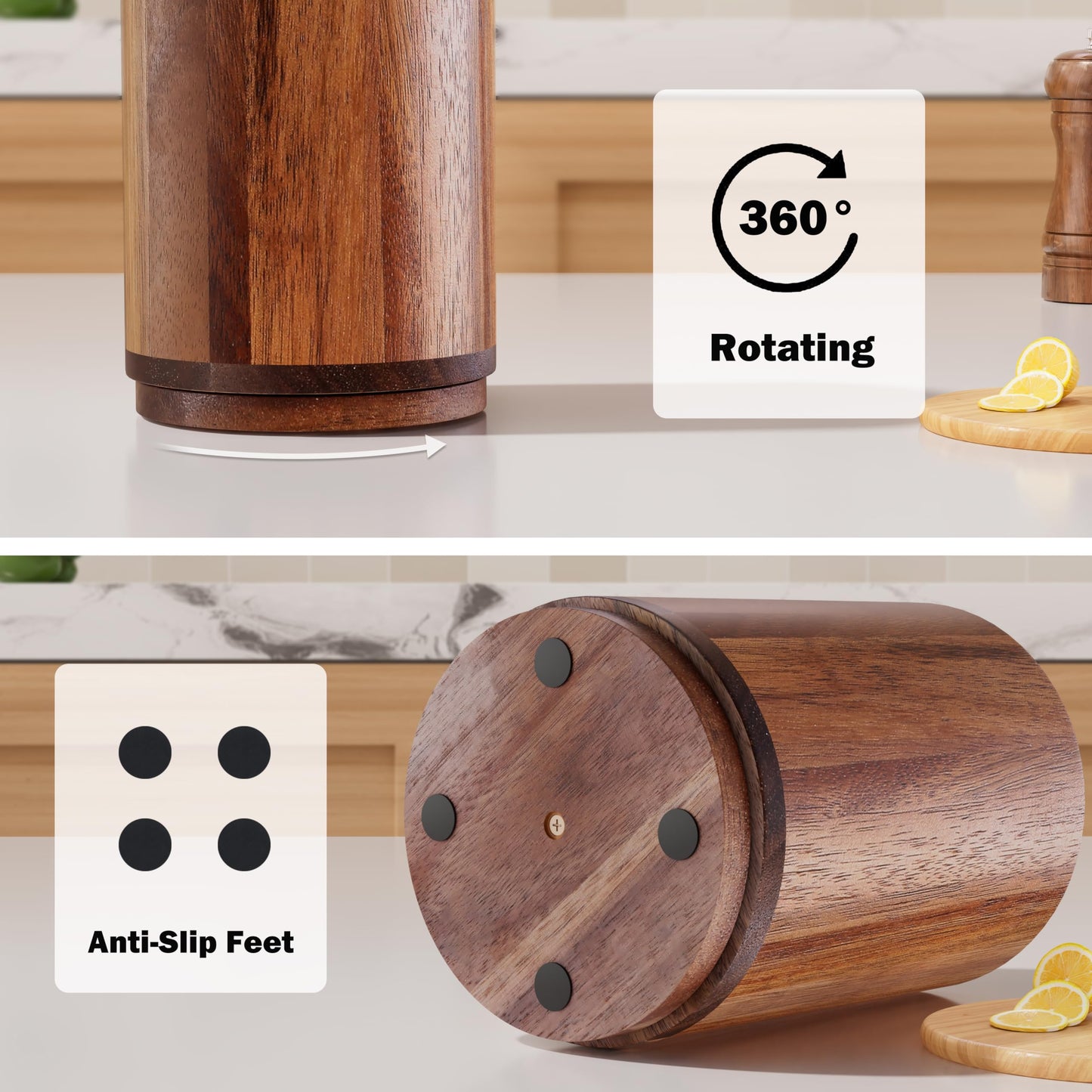 Segtenant Utensil Holder, Acacia Wood Kitchen Utensil Holder for Countertop, 360°Rotating Cooking Utensil Crock for Kitchen Counter, 7.2" Large Utensil Organizer for Spatula