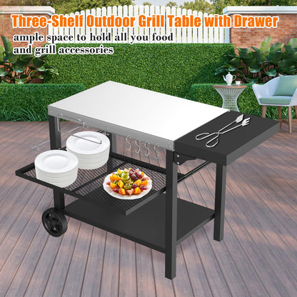 GRILL FORCE Grill Cart, Outdoor Grill Table, Pizza Oven Stand, Three-Shelf BBQ Table, Movable Dining Cart with Drawer, Fits for Ninja Woodfire Grill, Blackstone Griddle,Tabletop Grill